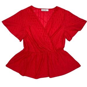 Grace Karin Peplum Faux Wrap Top Eyelets Small Red V Neck Lightweight Casual